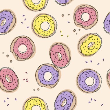 Çörek seamless modeli. Sevimli tatlı gıda bebek arka plan. Tekstil, duvar kağıdı, kumaş, dekor için renkli tasarım.