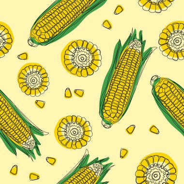 Sarı corncobs yeşil yaprakları seamless modeli ile. Olgun Mısır sebze. 