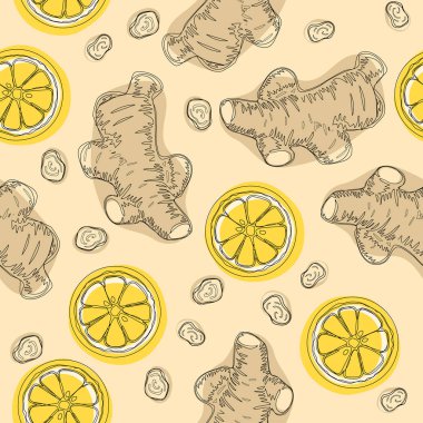 Hand draw ingredient for warming tea. Whole and sliced ginger roots with lemon. Vector seamless pattern clipart