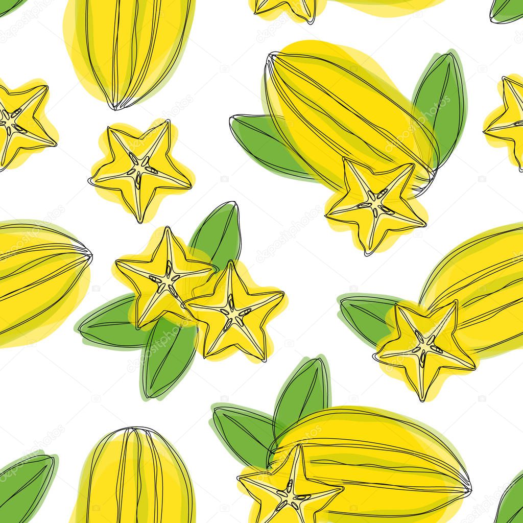 Seamless pattern with sliced carambola fruit. Stylized colorful star fruit. Vector hand draw illustration.