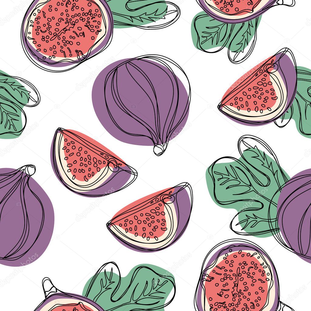 Seamless hand draw pattern with fresh fig fruit. Vector illustration on white isolated background