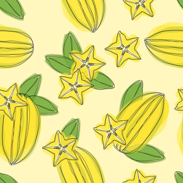 Hand Draw Seamless Pettern Star Fruit Carambola Yellow Background — Stock Photo, Image