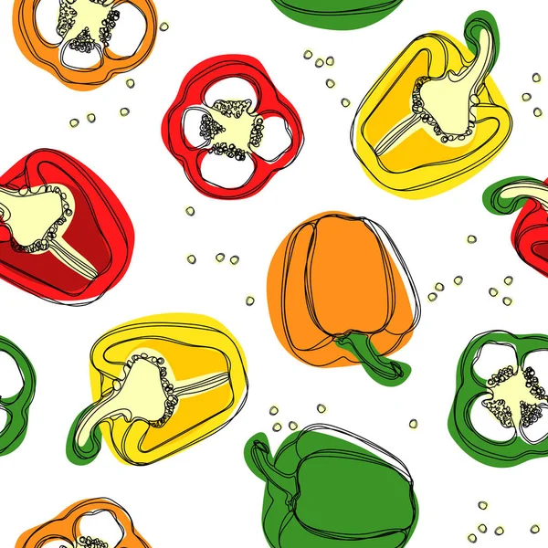 Sorunsuz vektör kırmızı, sarı ve yeşil biber. El Bulgar tatlı biber kırmızı biber, karabiber çizimi. Beyaz arka plan üzerinde izole vektör çizim.