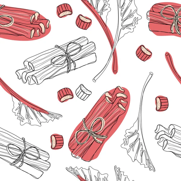 Hand Getekende Rabarber Patroon Verlaat Bossen Gesneden Hele Met Aardbeien — Stockvector