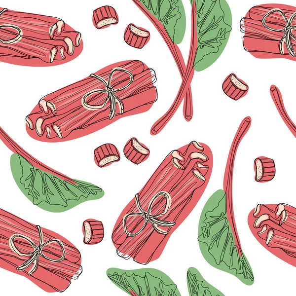 Handgezeichnetes Rhabarbermuster Blätter Trauben Geschnitten Und Ganz Mit Erdbeeren Komposition — Stockvektor