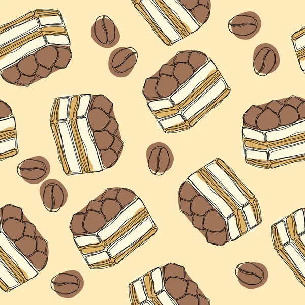 提拉米苏 古典甜点与眷恋和咖啡 用提拉米苏手工绘制无缝图案 — 图库矢量图片