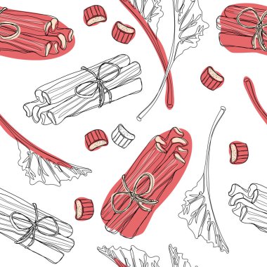 Elle çizilmiş ravent desen. yaprakları, kesme ve çilek bileşimi ile bütün demet. Zemin, tekstil, ambalaj kağıdı, duvar afişleri için iyi. Sürekli çizgi çizme.