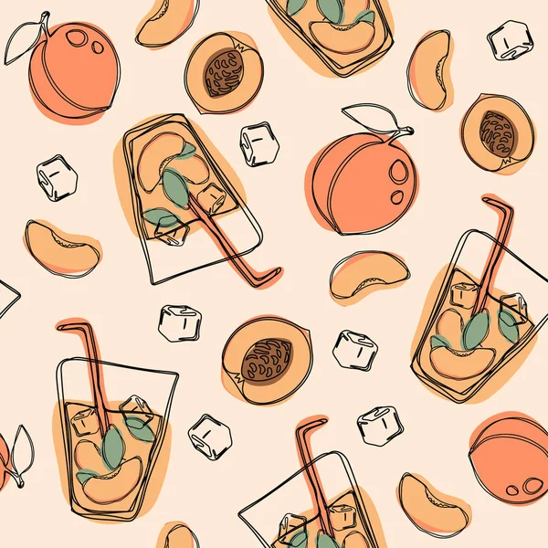 Peach tea or cocktail seamless pattern. Hand drawn illustration on isolated white background.