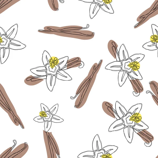 Vanillestäbchen Und Blumen Hand Gezeichnet Nahtlose Muster Geschmack Vanilleblüten Illustration — Stockfoto