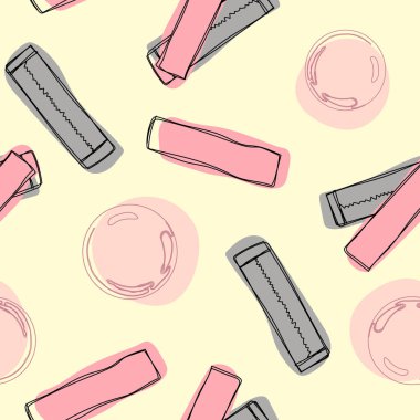 Patlama ile el çekilmiş pembe balonlu sakız seamless modeli. Tatlı şeker arka plan. Vektör çizim