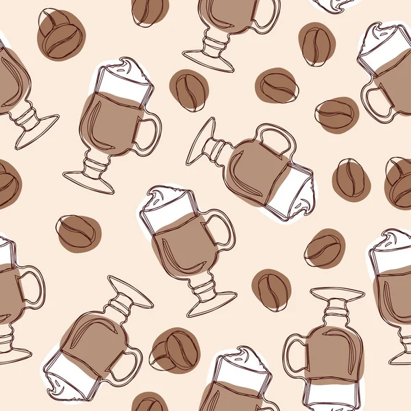 El çizmek vektör sorunsuz arka plan bardak latte ve kahve çekirdekleri ile