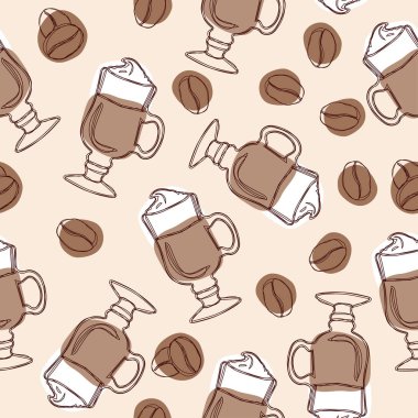 El çizmek bardak latte ve kahve çekirdekleri ile sorunsuz arka plan