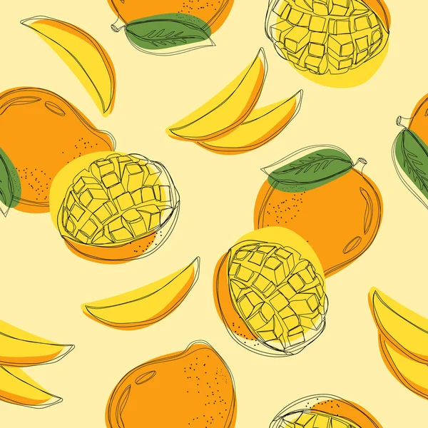 Seamless pattern with mango. Continuous line hand drawn illustration.