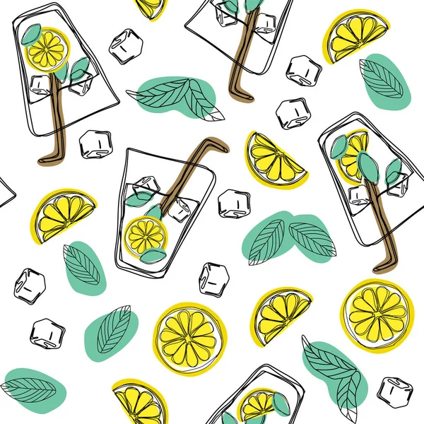 Ele Dikişsiz Desen Bardak Mojito Buz Küpleri Nane Yaprağı Limon — Stok Vektör