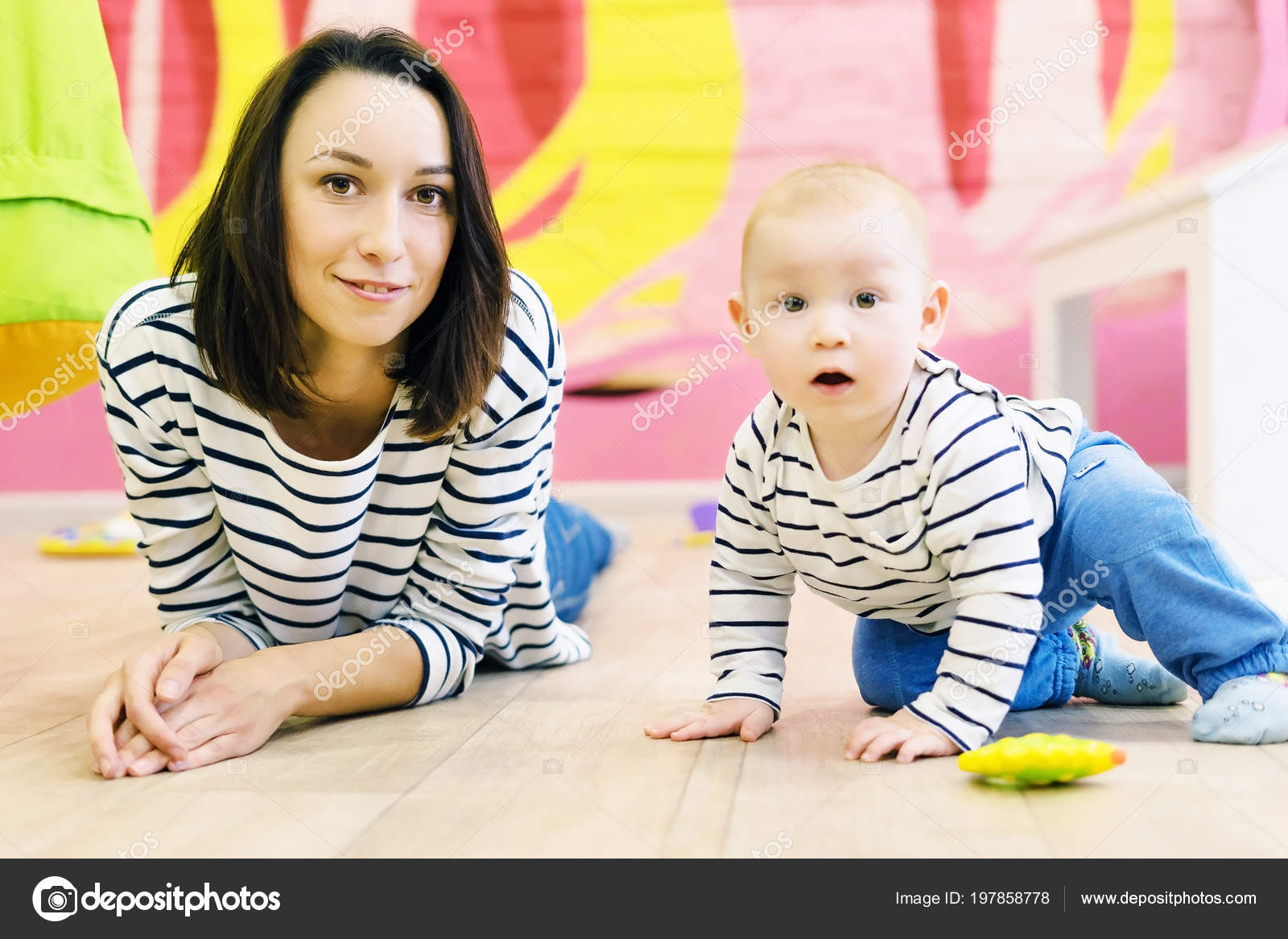 Mom Baby Lie Floor Children Room Parent Baby Kindergarten Stock