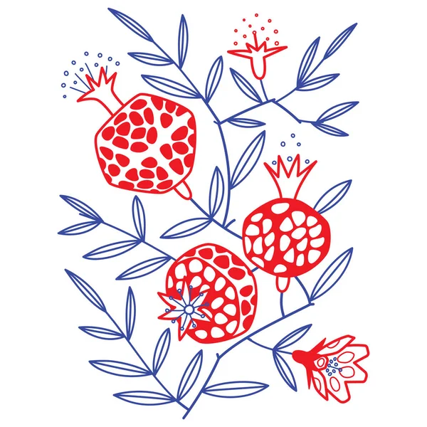 Rama de granada con frutas y flores. Ilustración vectorial — Vector de stock