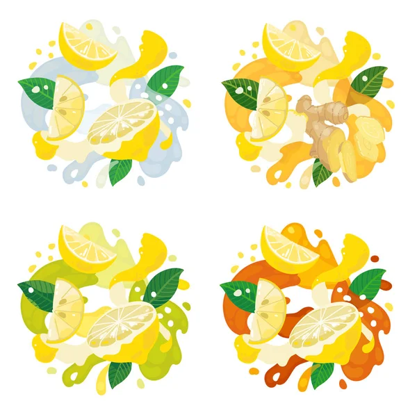 Conjunto Rodajas Limón Sobre Fondo Abstracto Limones Cáscara Jengibre Miel — Vector de stock