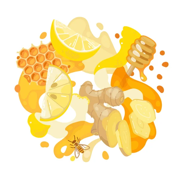 Limón Jengibre Miel Sobre Fondo Abstracto Ingredientes Saludables Ilustración Vectorial — Vector de stock