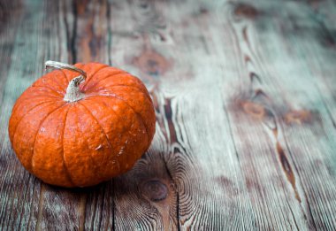 Ahşap arka planda kırmızı balkabağı. Sebzeler. Vejetaryen konsepti, sağlıklı yemek..