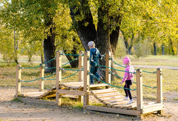 Wooden play bridge for children, located in the Park among the trees. Outdoor playgrounds. A bridge made of wooden planks with a rope railing, where small children play.