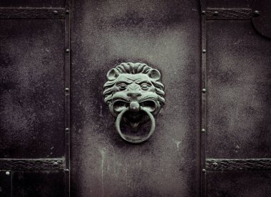 Aslan başı metalden yapılmıştır. Yüzüklü yırtıcı hayvan şeklinde demir kapı kolu. Bina girişi.