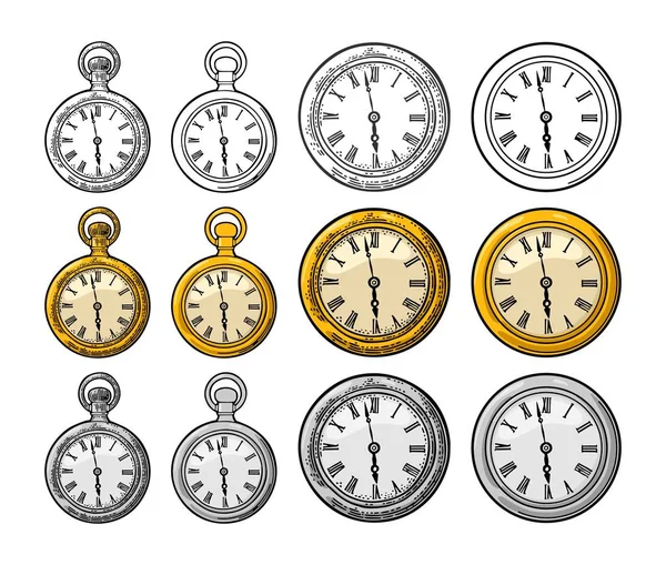 Relógio Bolso Antigo Relógio Parede Vintage Vetor Cor Gravura Preta —  Vetores de Stock