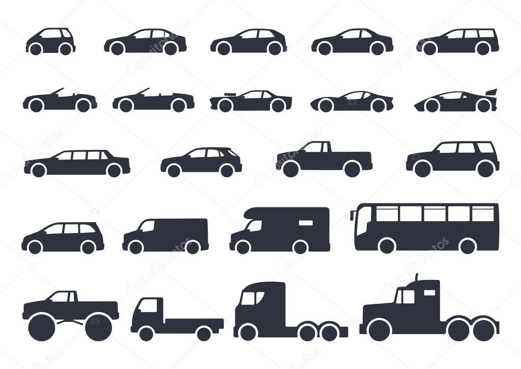 Car type icons set. Vector black illustration isolated on white background with shadow. Variants of model automobile body silhouette for web