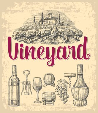Şarap ayarlayın. Şişe, cam, tirbuşon, varil, üzüm, demet bağ. Beyaz arka plan üzerinde izole siyah vintage oyulmuş vektör çizim.