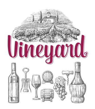 Şarap ayarlayın. Şişe, cam, tirbuşon, varil, üzüm bağı. Beyaz arka plan üzerinde izole siyah vintage oyulmuş vektör çizim. Etiket poster için web.