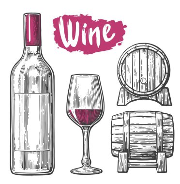 Şarap seti. Şişe, cam, tirbuşon, fıçı. Beyaz arka planda izole edilmiş siyah vintage oymalı vektör çizimi. Etiket posteri, web.