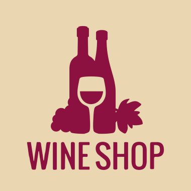 Şarap kutsal kişilerin resmi veya logosu. Şişe, bardak şarap, üzüm demet. Vektör düz çizim. Web için logo, şarap dükkanı için bilgi grafik. Bej renkli arka plan üzerinde izole.
