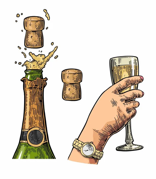 Flasche Champagner Explosion Mit Korken Und Hand Halten Glas Vintage — Stockvektor