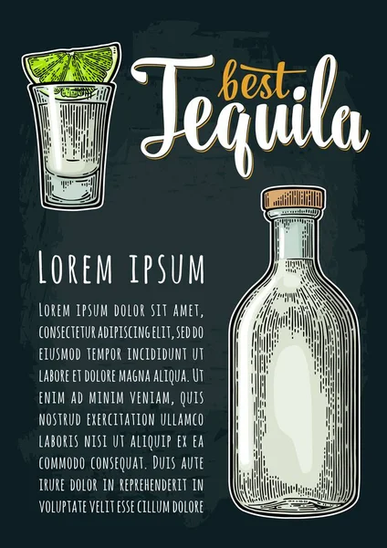 Affiche Verticale Avec Verre Bouteille Meilleur Lettrage Tequila Illustration Gravure — Image vectorielle