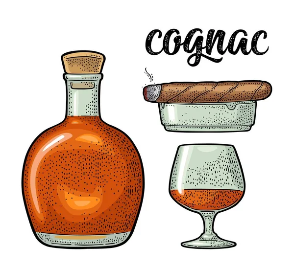 Flasche Glas Zigarre Und Aschenbecher Handschrift Schriftzug Cognac Vintage Farbgravur — Stockvektor