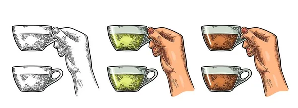 Mano femenina sosteniendo una taza de té. Vintage vector de color grabado — Vector de stock