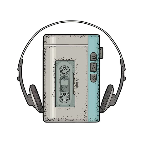 Grabadora de cinta de audio portátil retro con auriculares.. Grabado negro vintage — Archivo Imágenes Vectoriales
