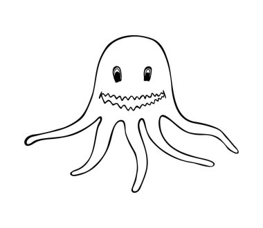 Ahtapot gülümseme ile. Siyah vektör çizimler. Beyaz arka plan üzerinde izole. Elle çizilmiş tasarım öğesi web ve poster için