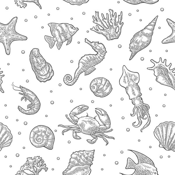 Seamless pattern sea shell, coral, cuttlefish, coral, oyster, crab, shrimp, seaweed, star, fish. Vector engraving black vintage illustrations. Isolated on white background.