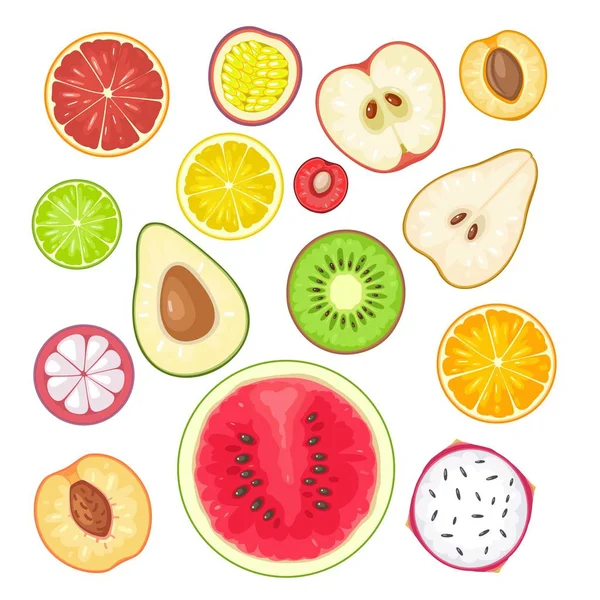 Set Fruits Apricot Kiwi Green Lemon Lime Orange Peach Pear — Stock Vector