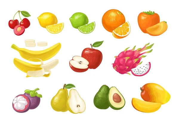 Set Fruits Cherry Lemon Lime Orange Persimmon Banana Apple Dragon — Stock Vector
