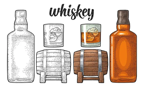 Whiskey Üveg Jégkockát Hordó Palack Vektor Vintage Gravírozás Színes Illusztráció — Stock Vector