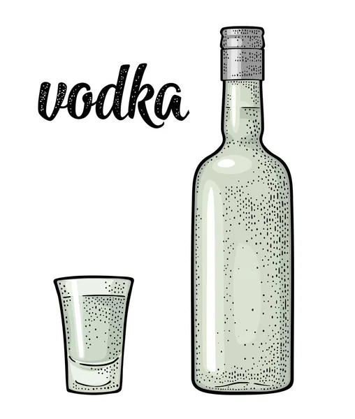 Verre Bouteille Vodka Écriture Calligraphique Illustration Gravure Vectorielle Couleur Vintage — Image vectorielle