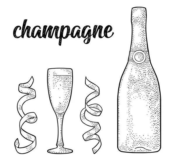 Champagner Kalligraphische Schrift Schrift Glas Flasche Serpentin Vintage Vektor Gravur — Stockvektor