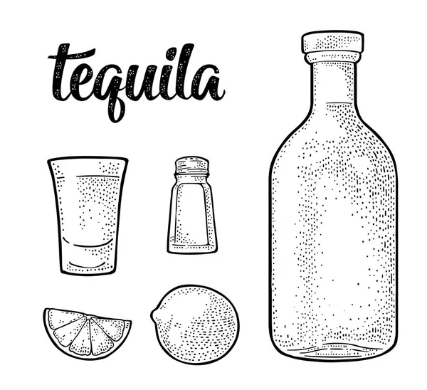 Szkło Butelki Solą Limonką Tequila Napis Kaligraficznego Pisma Ręcznego Vintage — Wektor stockowy