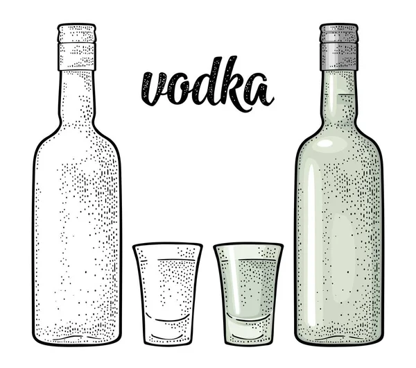 Verre Bouteille Vodka Écriture Calligraphique Illustration Gravure Vectorielle Couleur Vintage — Image vectorielle
