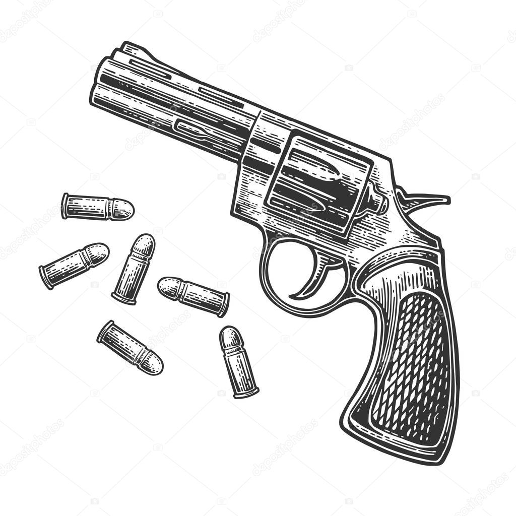 Revolver with short barrel and bullets. Vector engraving vintage illustrations. Isolated on white background. For tattoo, web, shooting club and label