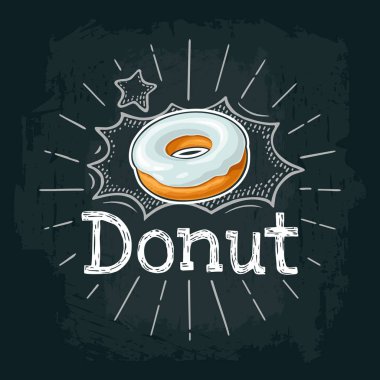 Beyaz buzlanma ile çörek. Vektör renk düz Gösterim amacıyla poster, etiket ve menü pastane dükkanı. Siyah kara tahta oyma ray, yazı, kabarcık vintage beyaz tebeşir ile izole