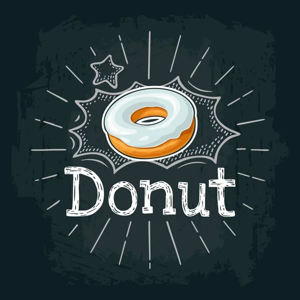 Beyaz buzlanma ile çörek. Vektör renk düz Gösterim amacıyla poster, etiket ve menü pastane dükkanı. Siyah kara tahta oyma ray, yazı, kabarcık vintage beyaz tebeşir ile izole