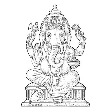 Ganpati with mouse for poster Ganesh Chaturthi. Engraving vintage vector clipart