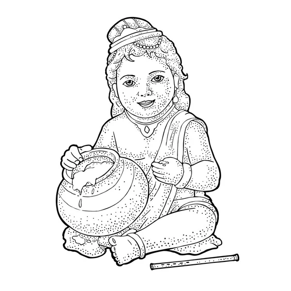 Sitting lord Krishna for poster Happy Janmashtami festival. Engraving — Stock Vector